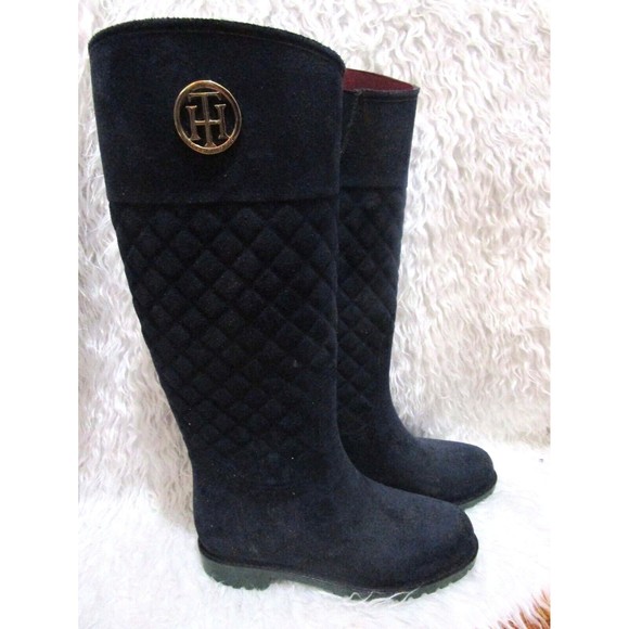 Tommy Hilfiger Babette Navy Blue Suede Quilted Rain Boot Size 5 - Picture 1 of 8